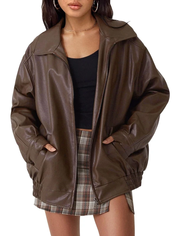 AUTOMET Women's Oversized Jackets, Leather Faux Motorcycle Plus Size Moto Biker Coat Fall Outfits Fashion Clothes 2023, Brown, L
