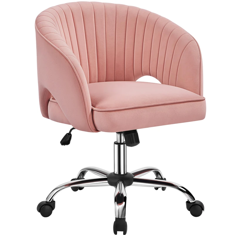 Yaheetech Velvet Desk Chair, Makeup Vanity Chair with Tufted Barrel Back Adjustable Velvet Accent Armchair Swivel Office Chair for Home Office Pink