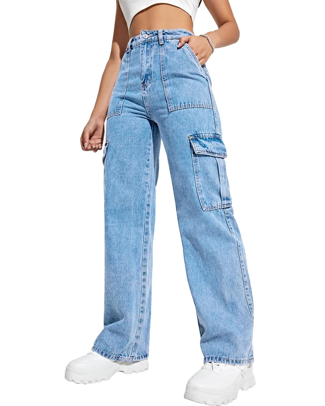 Flvsun Women's Cargo Pants High Waisted Baggy Cargo Jeans Straight Leg Y2K Streetwear Trousers 6 Pockets for Women Teen Girl., Light Blue 02, XS