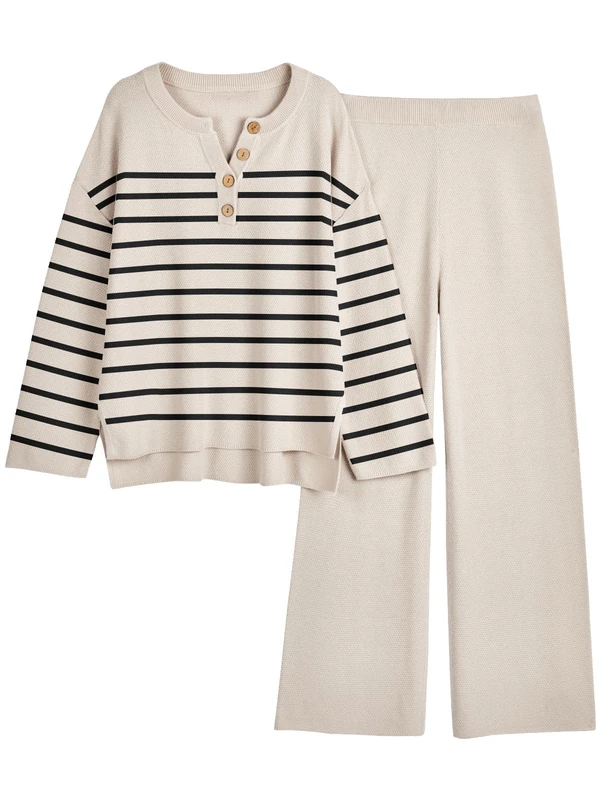 LILLUSORY Women's 2 Piece Trendy Outfits Oversized Slouchy Matching Sets Cozy Knit Sweatsuit Sets, Stripes Apricot, S