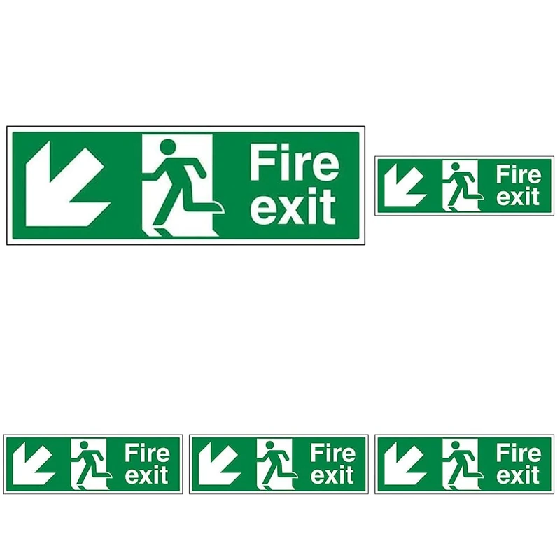 VSafety Fire Exit Arrow Down Left Sign - Landscape - 300mm x 100mm - 2mm Rigid Plastic (Pack of 5)