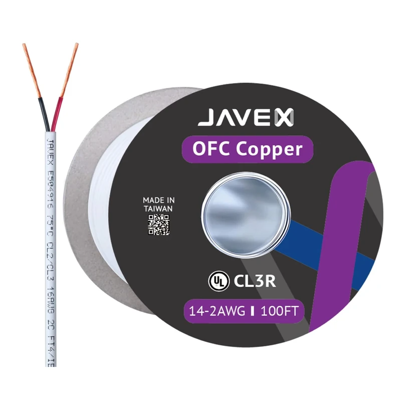 JAVEX 14/2 UL13 CL3 Speaker Wire 14-Gauge AWG [Oxygen-Free Copper 99.9%] HighFlex Copper Strands for Security, Control and Alarm System Installation, White, 100FT