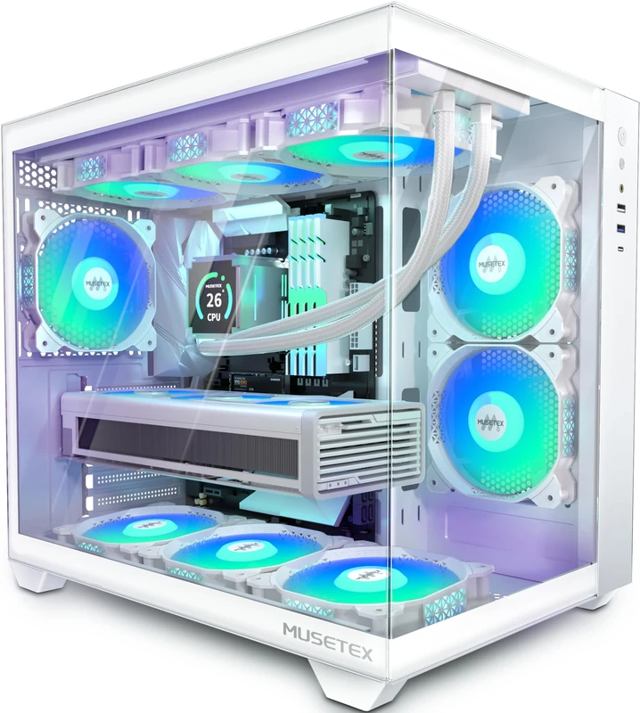MUSETEX ATX PC case, 6 PWM ARGB Fans Pre-Installed, 360MM RAD Support, Type-C Gaming Mid-Tower, 270° Full View Tempered Glass, Pure White