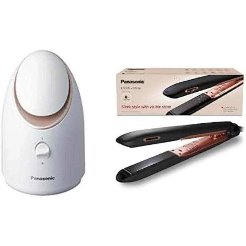 Panasonic EH-XS01 Facial Steamer with Nanoe Ionic Technology (White) + EH-HS99 Nanoe Ceramic Hair Straightener for Improved Shine (Black/Rose Gold)