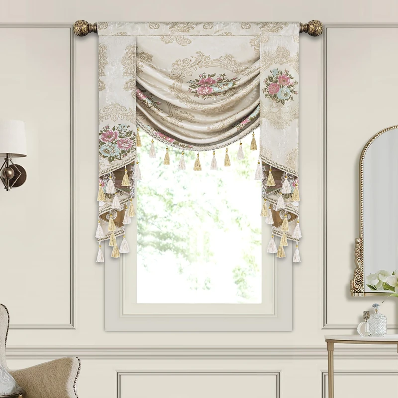 Loom and Mill Luxury Jacquard Waterfall Valance for Living Room Bedroom, Floral Damask Swag Window Valances with Tassels, Pearly Beige Swag Curtains for Banquet Holiday Decoration(W39Inch,1 Panel)