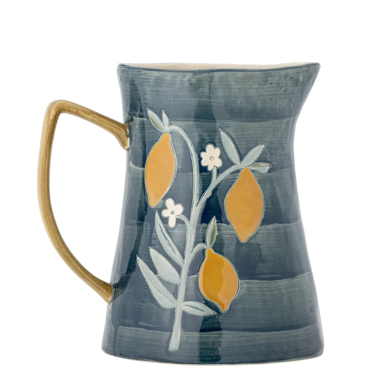 Bloomingville Creative Collection Feriha 82060469 Jug in Blue with Lemon Motif, Stoneware, 24 x 18.5 cm, 3.1 L