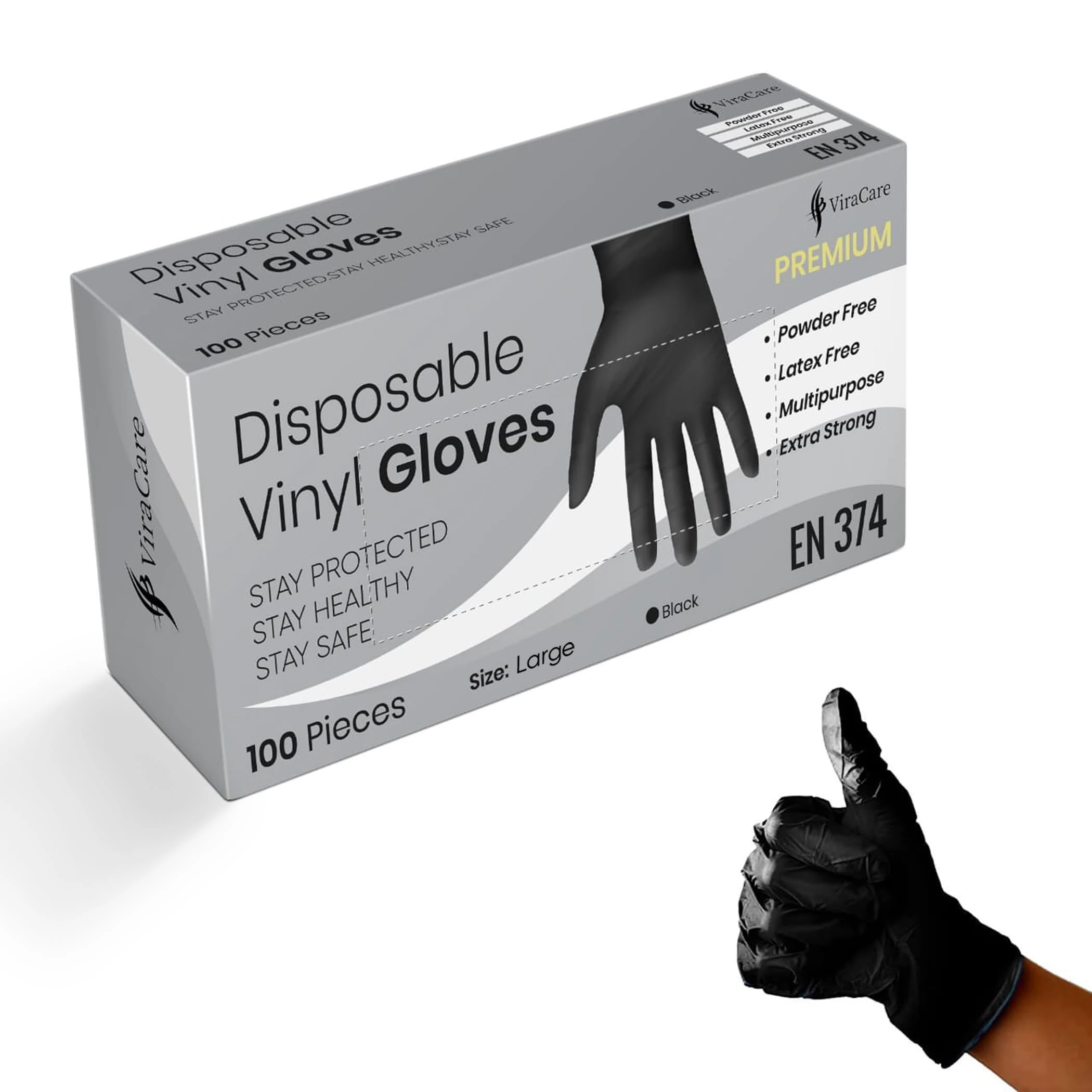 ViraCare 100 x Black Premium Disposable Gloves Large | Double Thickness | Vinyl Gloves Disposable Large | Latex free Gloves | Powder Free Gloves | Black Gloves Disposable | (Large, 4 Packs +)