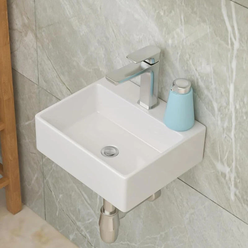 Lordear Floating Bathroom Sink Wall Mounted Corner Sinks White Ceramic Sink 13.6X11.6 Inch Glossy White Small Tiny Room Washing Basin