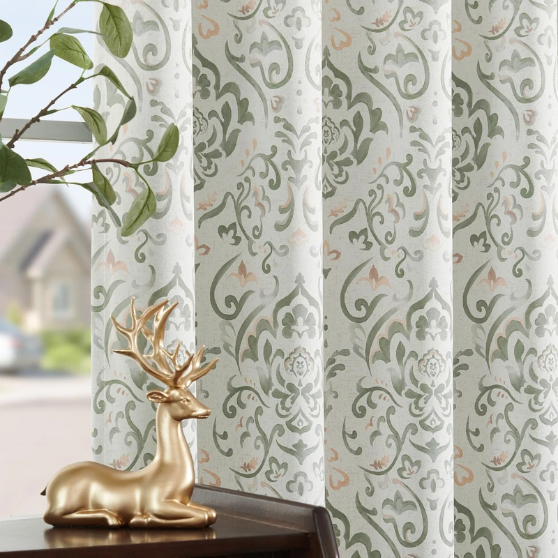 Lazzzy Sage Damask Blackout Curtains 96 Inches Long for Bedroom Living Room, Green Floral Printed Thermal Insulated Window Treatments, Back Tab Noise Reducing Room Darkening Drapes, 2 Panels