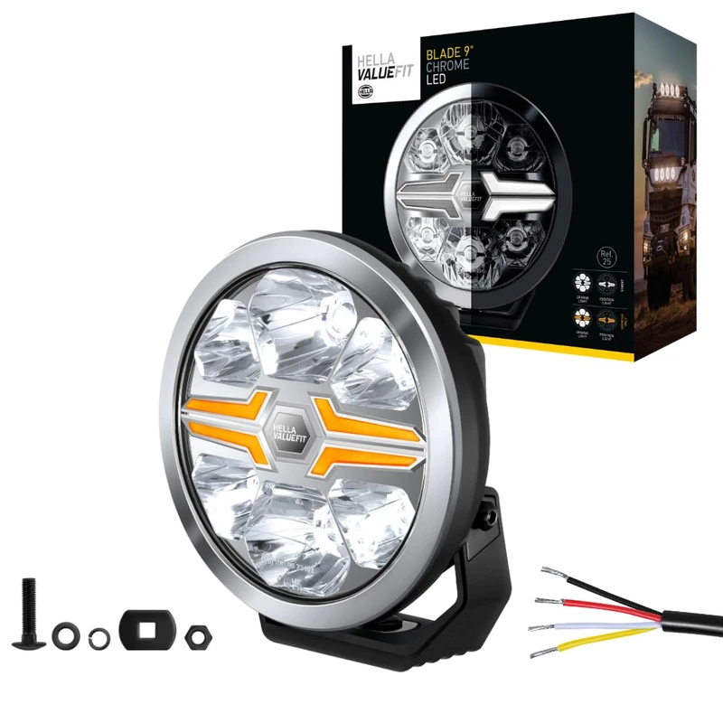 HELLA 1FJ 357 199-021 LED-Spotlight - Blade Chrome 9" - 12/24V - round - Reference number: 25 - Crystal clear - Light colour: White/Amber - Cable: 500mm - frontal sided