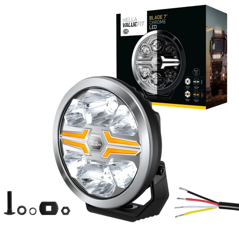 HELLA 1FJ 357 198-021 LED-Spotlight - Blade Chrom 7" - 12/24V - round - Reference number: 25 - Crystal clear - Light colour: White/Amber - Cable: 500mm - frontal sided