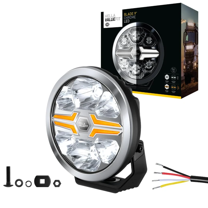 HELLA 1FJ 357 199-031 LED-Spotlight - Blade Chrome 9" - 12/24V - round - Reference number: 50 - Crystal clear - Light colour: White/Amber - Cable: 500mm - frontal sided