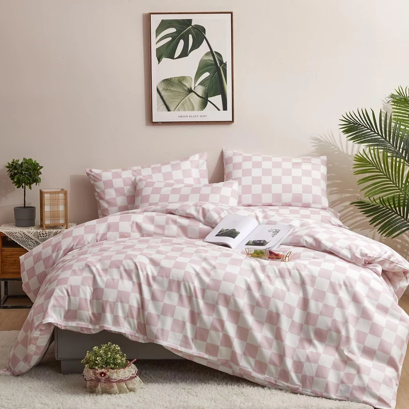 Houseri White Pink Plaid Comforter Set King Light Pink Checkerboard Bedding Comforter Sets Women Elegant Baby Pink Buffalo Checkered Bed Quilt Blanket Comfy Pale Pink Grid Gingham Comforter King Size