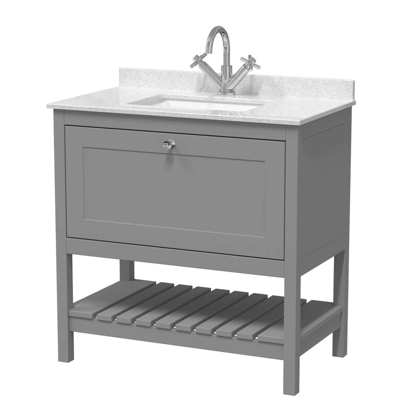 Hudson Reed BEX227WS1 Bexley Traditional Bathroom Floor Standing 2 Door 1 Shelf Vanity Unit & Marble Top With 1 Tap Hole Basin, 800mm, Cool Grey/White