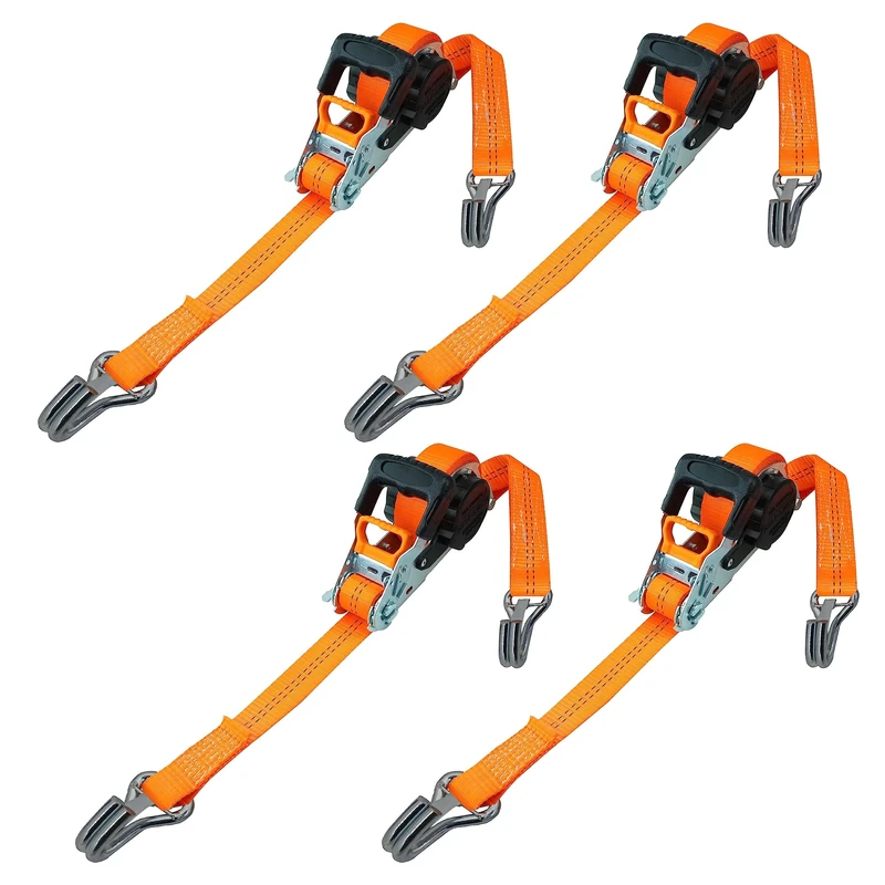 PETEX 4 x Automatic Ratchet Tie Down Strap Self-Retracting 1-Piece 5 m x 35 mm 1000/2000 daN up to 2000 kg Orange Safety Double Pointed Hooks