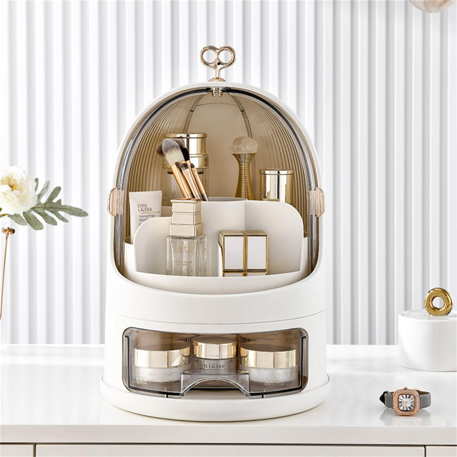 JS MOLD Skin Care Organiser, Portable Make Up Organiser, Cosmetic Box, Makeup Drawer Organiser with Dustproof Lid, Beauty Organiser, Lipstick Box (Pearl White)