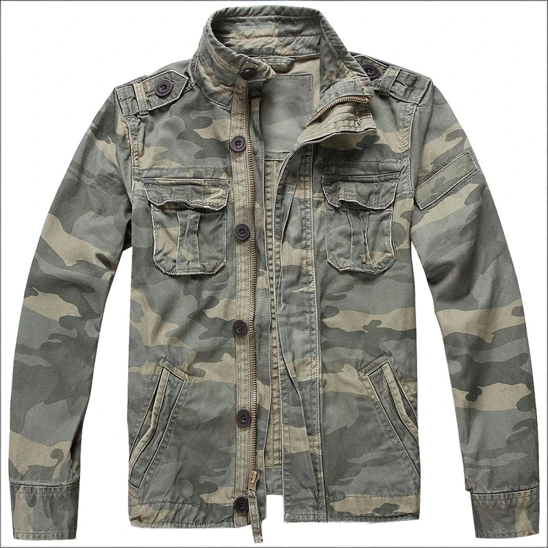Admitted &Feeling Men's camo Military Jacket Cargo Stand Collar Bomber Jackets Coat, Green Camo, L - Image 1