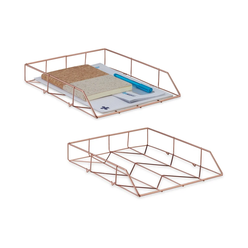 Relaxdays Organiser, 2x Set, File Holder, Storage, Letter Rack, HxWxD: 5.5 x 26 x 31.5, Office, A4, Desk, Rose Gold, Iron, 5.5 x 26 x 31.5 cm