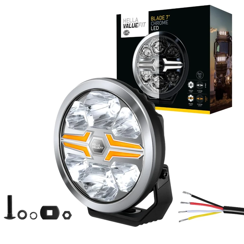 HELLA 1FJ 357 198-031 LED-Spotlight - Blade Chrom 7" - 12/24V - round - Reference number: 50 - Crystal clear - Light colour: White/Amber - Cable: 500mm - frontal sided