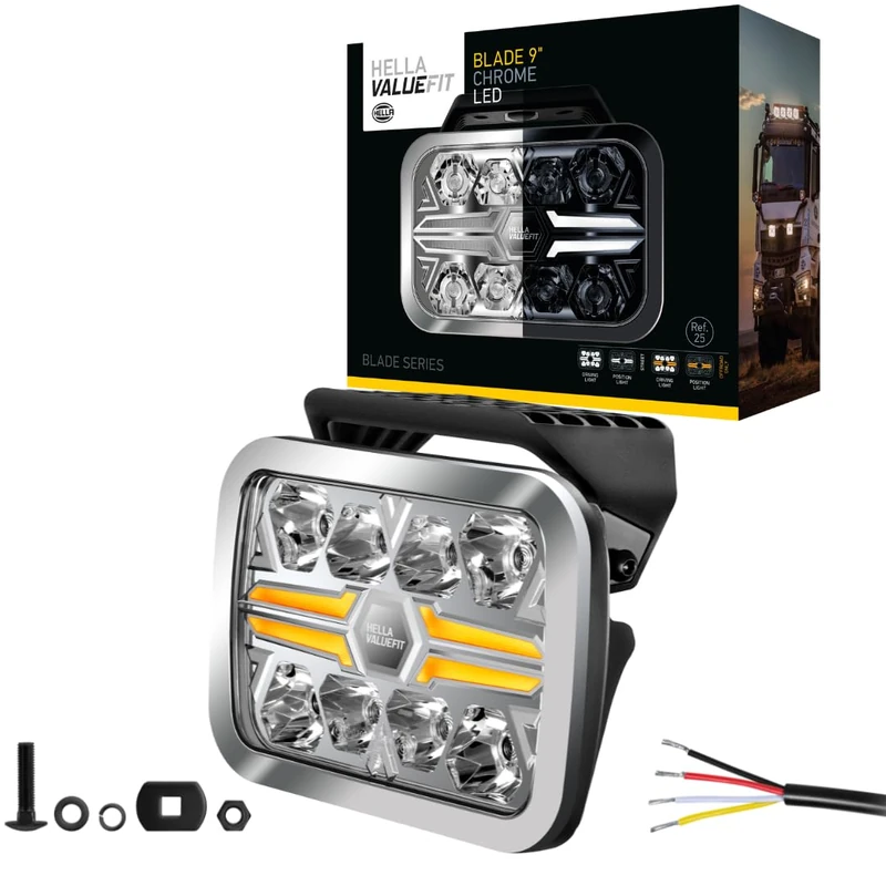 HELLA 1FJ 357 199-091 LED-Spotlight - Blade Chrome RE 9" - 12/24V - rectangular - Reference number: 25 - Crystal clear - Light colour: White/Amber - Cable: 500mm - frontal sided