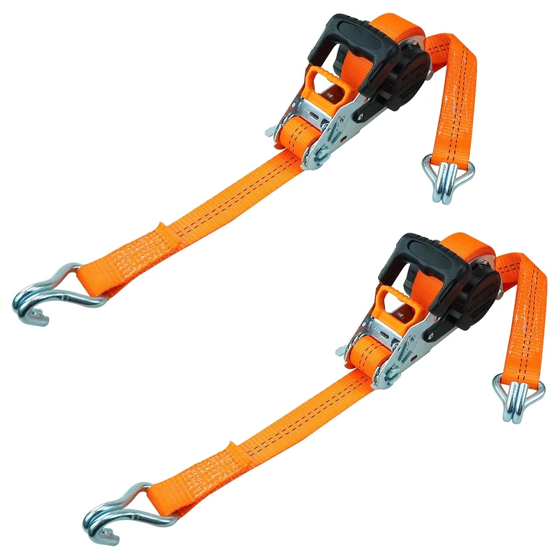 PETEX 2 x Automatic Ratchet Tie Down Strap, Self-Reeling, 1 Piece, 5 m x 35 mm, 1,000/2,000 daN, Orange, Double Pointed Hook