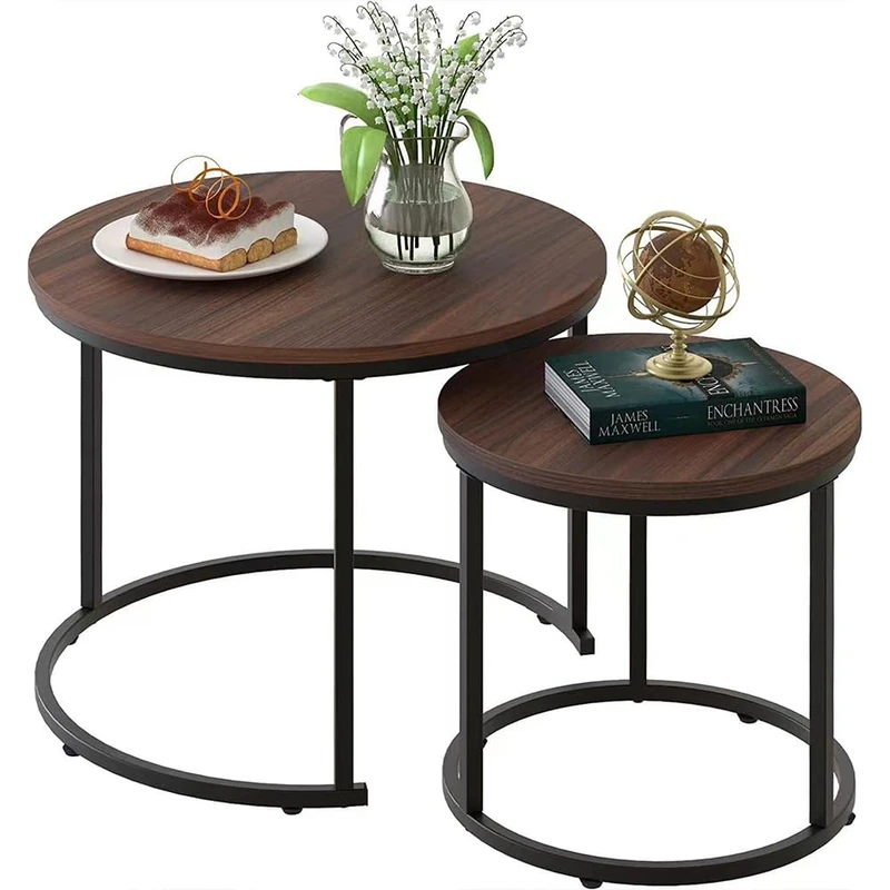 BAKAJI Set of 2 Incastor Coffee Tables, Round Shape with Black Metal Frame and Walnut Wood Top, Space-Saving Coffee Tables Design Industrial, Living Room, Home, Office (Design 2)