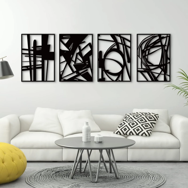 Glamativity Large 4 Pack Black Abstract Metal Wall Art, Minimalist Décor Single Line Art Wall Décor, 3D Textured Metal Wall Sculptures, for Living Room Bedroom Bathroom Study Room (Black, L Size 22.5