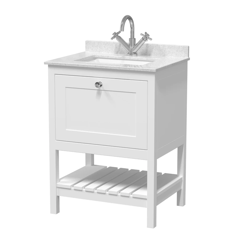 Hudson Reed BEX125WS1 Bexley Traditional Bathroom Floor Standing 2 Door 1 Shelf Vanity Unit & Marble Top With 1 Tap Hole Basin, 600mm, Pure White/White