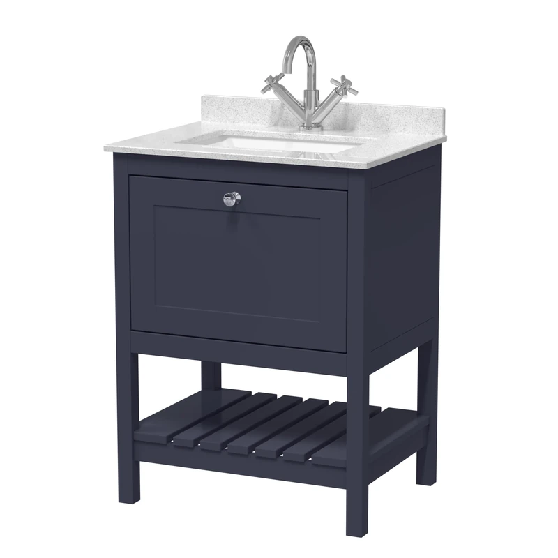 Hudson Reed BEX325WS1 Bexley Traditional Bathroom Floor Standing 2 Door 1 Shelf Vanity Unit & Marble Top With 1 Tap Hole Basin, 600mm, Indigo Blue/White