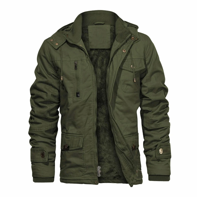 CHEXPEL Men's Thick Winter Jackets with Hood Fleece Lining Cotton Military Jackets Work Jackets with Cargo Pockets, Army Green-02, 4XL