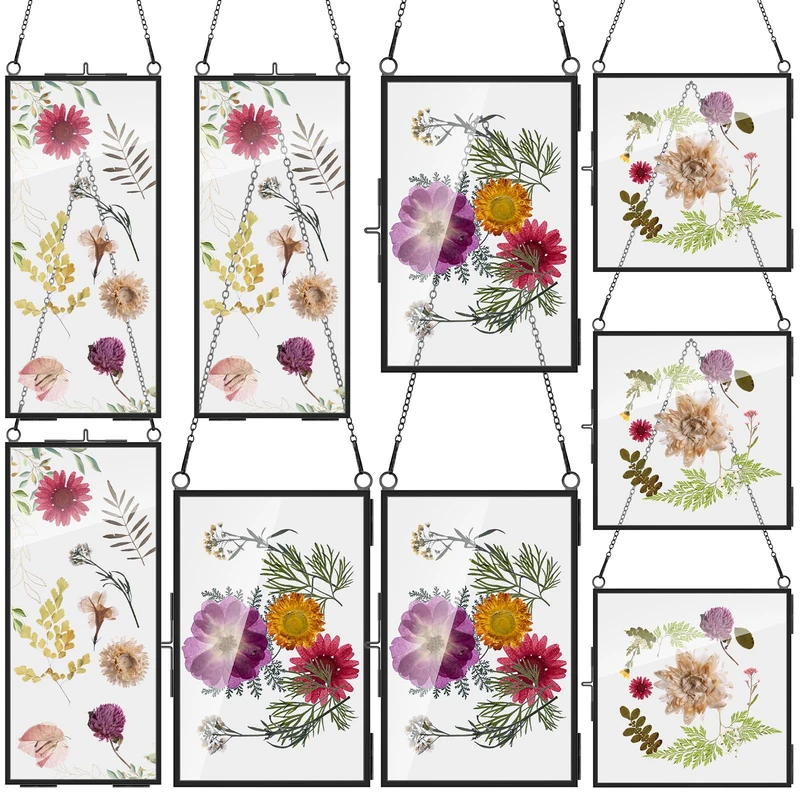 Barydat 9 Pack Black Glass Frames for Pressed Flowers 6 x 6, 6 x 8, 4 x 9 in Hanging Picture Frame Floating Art Photo Display Frame Double Glass with Chain for Dried Plant Specimen Gallery Wall Decor