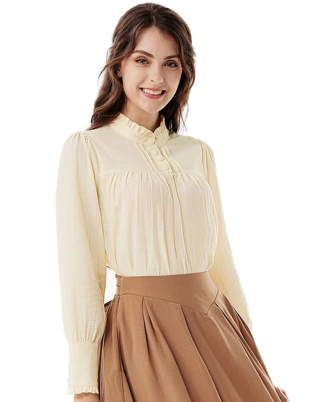 Scarlet Darkness Scarlet Darkness Victorian Blouse for Women Baggy Cotton Long Sleeve Renaissance Shirt, Beige, S - Image 1
