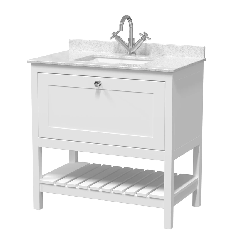 Hudson Reed BEX127WS1 Bexley Traditional Bathroom Floor Standing 2 Door 1 Shelf Vanity Unit & Marble Top With 1 Tap Hole Basin, 800mm, Pure White/White