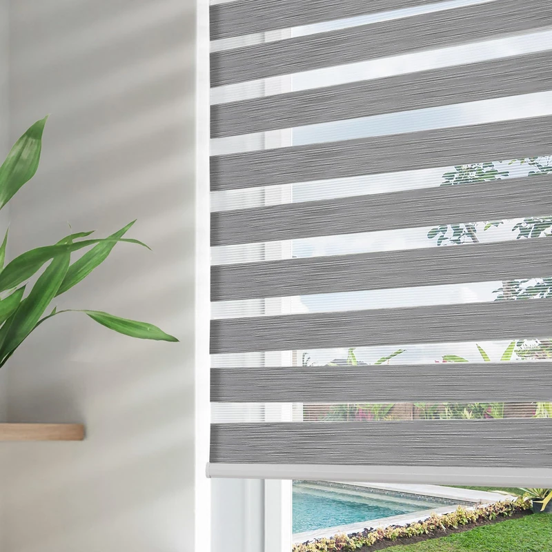 Joydeco Cordless Zebra Roller Shades for Windows,Grey Sheer Mini Zebra Blinds 34" W Dual Layer Light Filtering for Sliding Glass Door Window