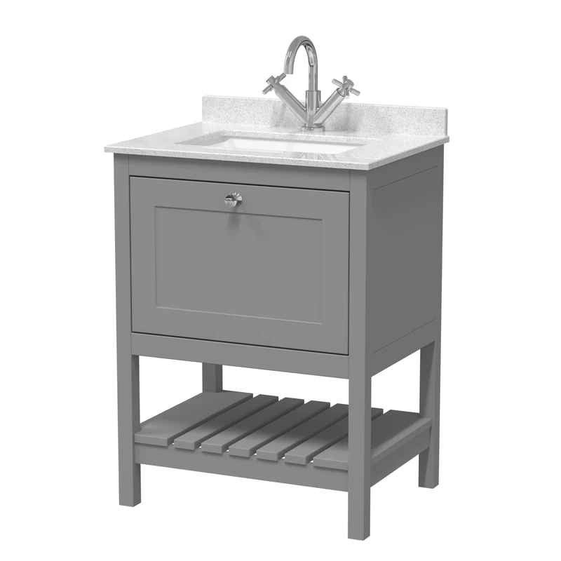 Hudson Reed BEX225WS1 Bexley Traditional Bathroom Floor Standing 2 Door 1 Shelf Vanity Unit & Marble Top With 1 Tap Hole Basin, 600mm, Cool Grey/White