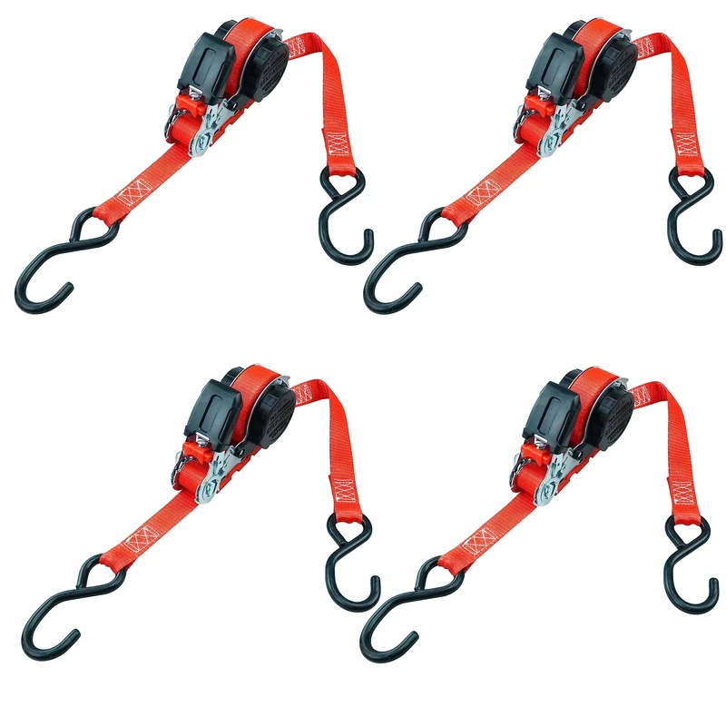 PETEX 4 x Automatic Ratchet Tie Down Strap Self-Reeling 1 Piece 5 m x 25 mm 350/700 daN Red S-Hook