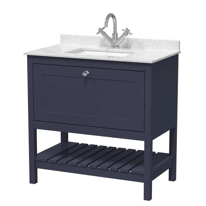 Hudson Reed BEX327WS1 Bexley Traditional Bathroom Floor Standing 2 Door 1 Shelf Vanity Unit & Marble Top With 1 Tap Hole Basin, 800mm, Indigo Blue/White
