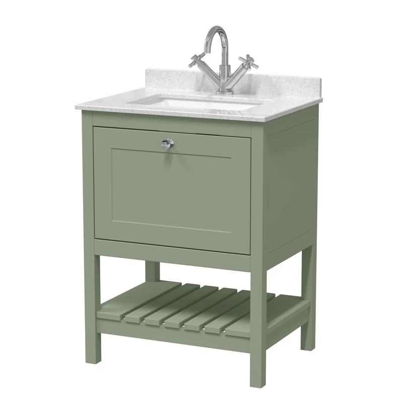 Hudson Reed BEX825WS1 Bexley Traditional Bathroom Floor Standing 2 Door 1 Shelf Vanity Unit & Marble Top With 1 Tap Hole Basin, 600mm, Fern Green/White