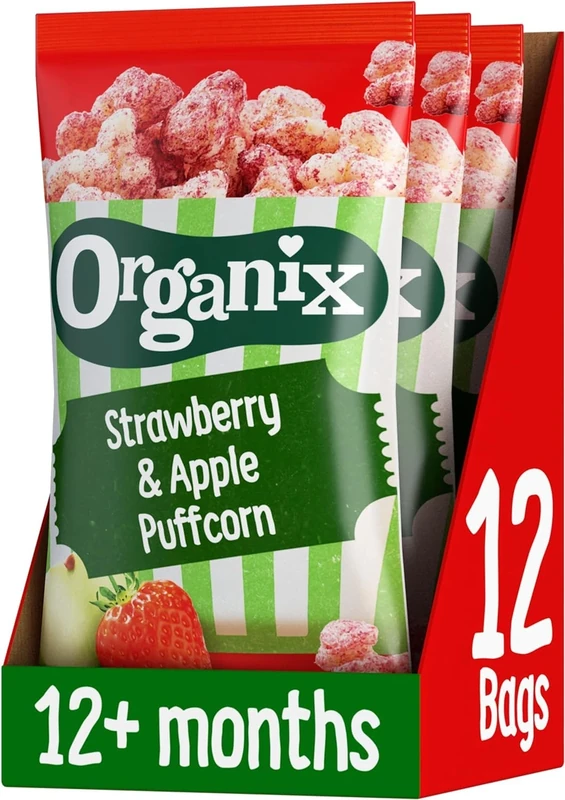 Organix Strawberry & Apple Puffcorn, Organic Toddler Snack, Finger Food, 12+ Months, Multipack, 4 x 10 g Bags Per Pack (3 Packs Total)
