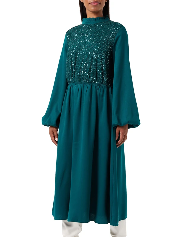 usha Women's Long Sleeve Dress, Green, L