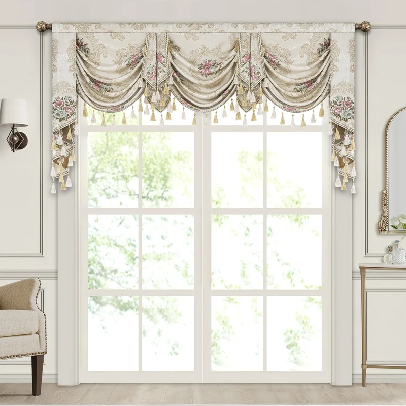 Loom and Mill Luxury Jacquard Waterfall Valance for Living Room Bedroom, Floral Damask Swag Window Valances with Tassels, Pearly Beige Swag Curtains for Banquet Holiday Decoration(W79Inch,1 Panel)