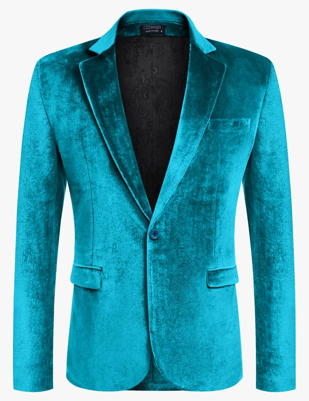 Coofandy Men's Velvet Blazer Notched Lapel Velour Suit Jacket One Button Tuxedo Jackets for Wedding Prom Party Dinner, Blue Green, M