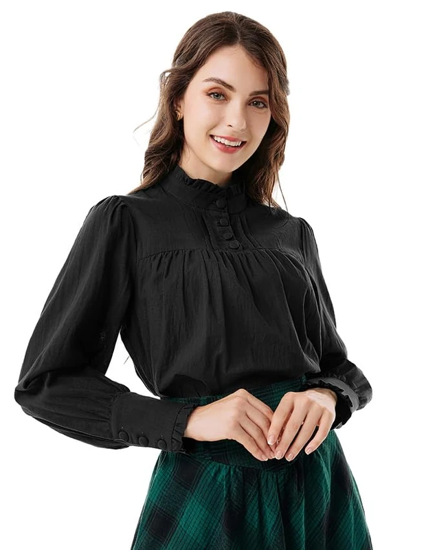 Scarlet Darkness Victorian Blouse for Women Cotton Long Sleeve Renaissance Shirt, Black, M