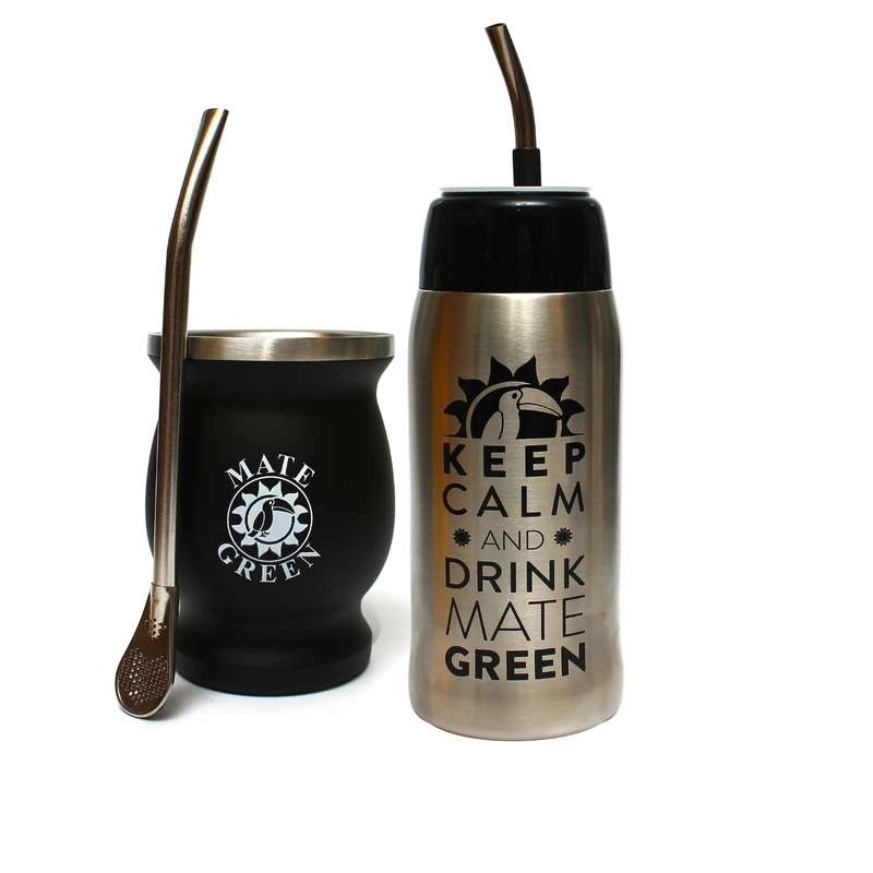 Gaucho Cebar Outdoor Set, Yerbomos Thermos Flask for Yerba Mate Tea, 580 ml, a Portable Accessory for Yerba Mate, Black, Mate Tea, Stainless Steel Cup with Straw Bombilla, Dishwasher Safe and Durable