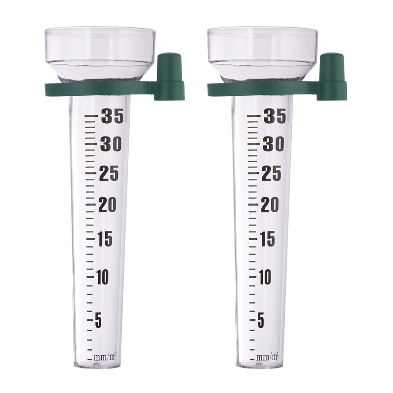Relaxdays Rain Gauge, 2x Set, Precipitation Measurer, Rainfall Indicator Kit, Holder, Scale 35 mm/m², Transparent/Green - Image 1
