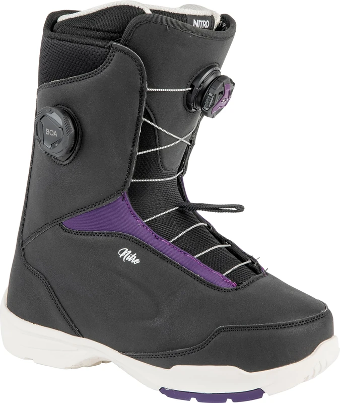Nitro Women's Snowboards Scala BOA Boot All Mountain Freeride Freestyle Quick Lacing System Snowboard Boot, Black-Purple, MP 24.5 // EU 38 // US WMN 7