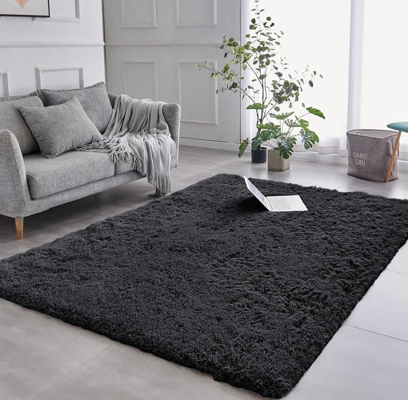 AMEHA Black Rugs for Living Room 200x290 cm Shaggy Fluffy Soft Non Slip Extra Large Carpet for Lounge, Nursery Kids Room Non-Shedding