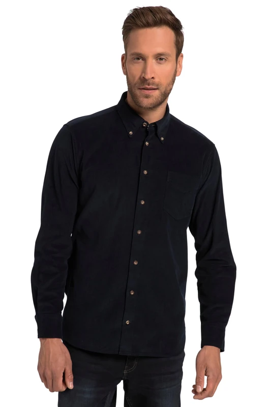 JP 1880 Men's Corduroy Shirt, Traditional Costume, Long Sleeves, Buttondown Collar, Modern fit, Navy Blue, 3XL