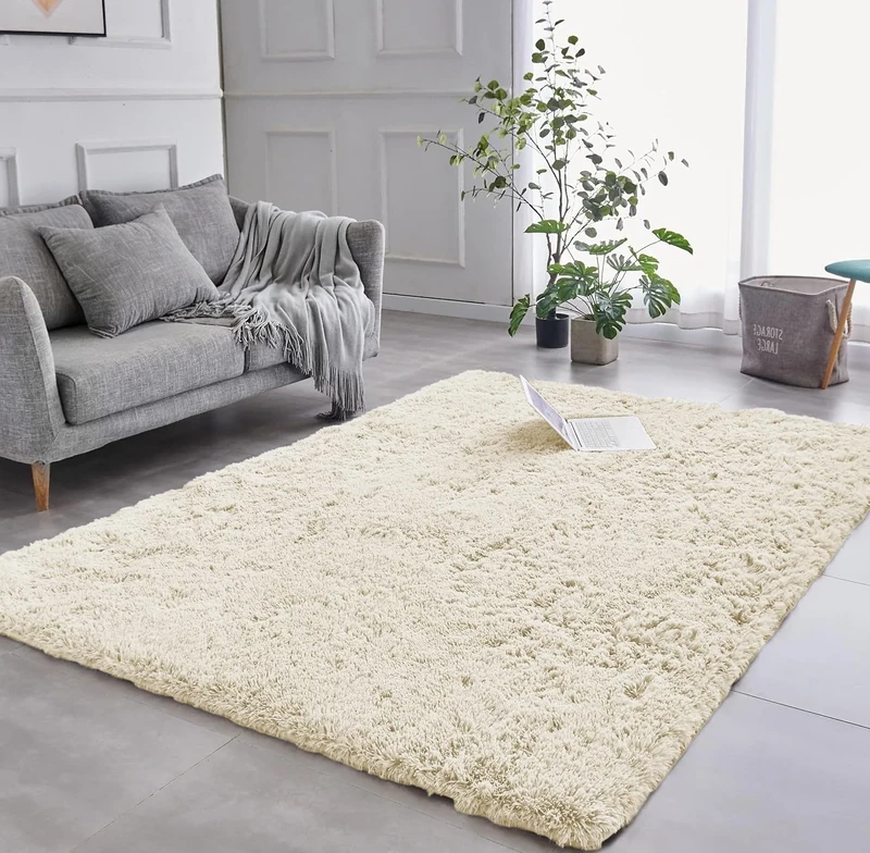 AMEHA Cream Shaggy Rug 200x290 cm Fluffy Soft Non Slip Extra Large Living Room Luxury Carpet Non-Shedding