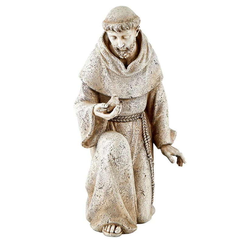 Avalon Gallery Garden Statue - Saint Francis of Assisi Stone-Resin Indoor/Outdoor Catholic Sculpture, 14.5" Tall, Kneeling with Bird